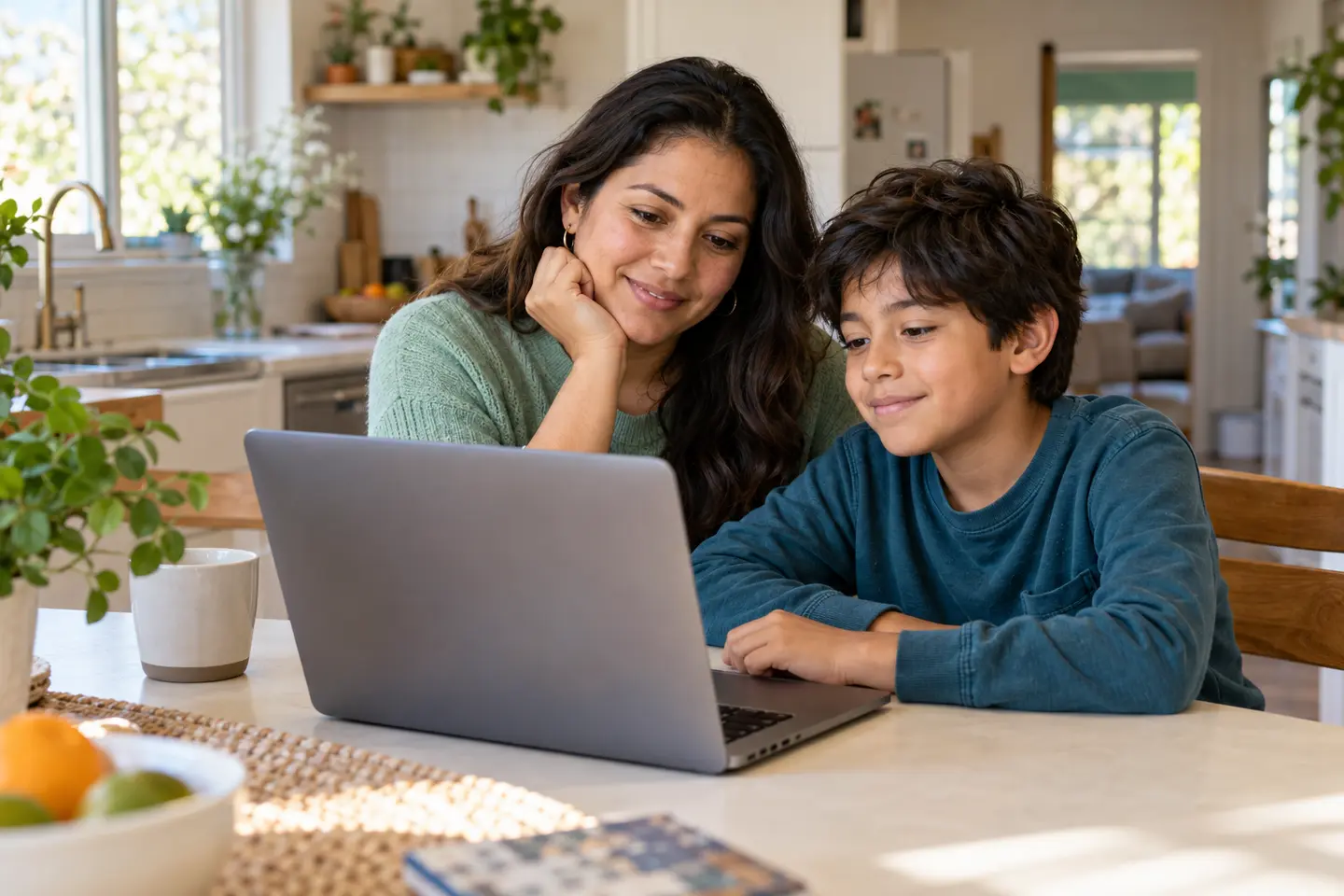 Una madre y su hijo exploran información juntos en una computadora en casa.