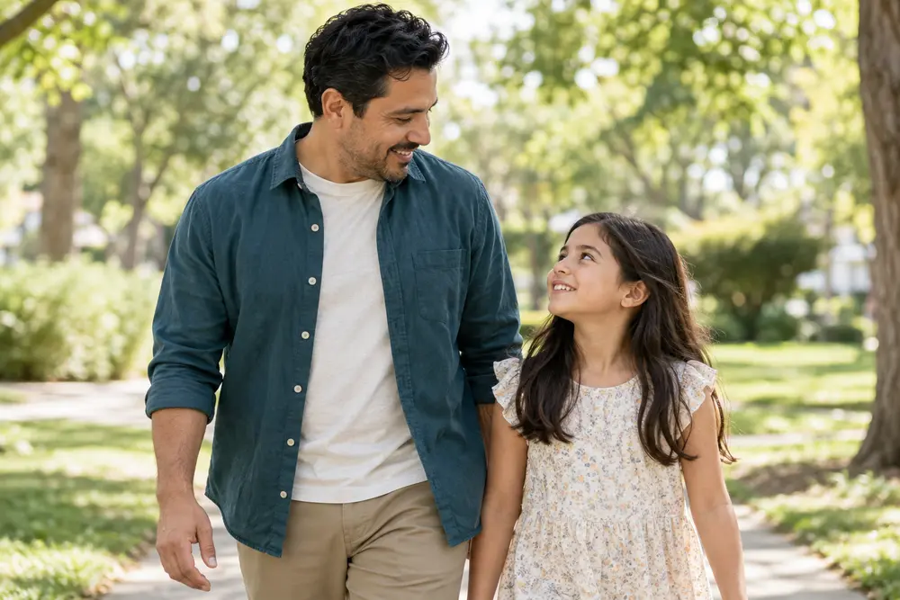 Un padre y su hija comparten un momento en un parque rodeado de árboles.